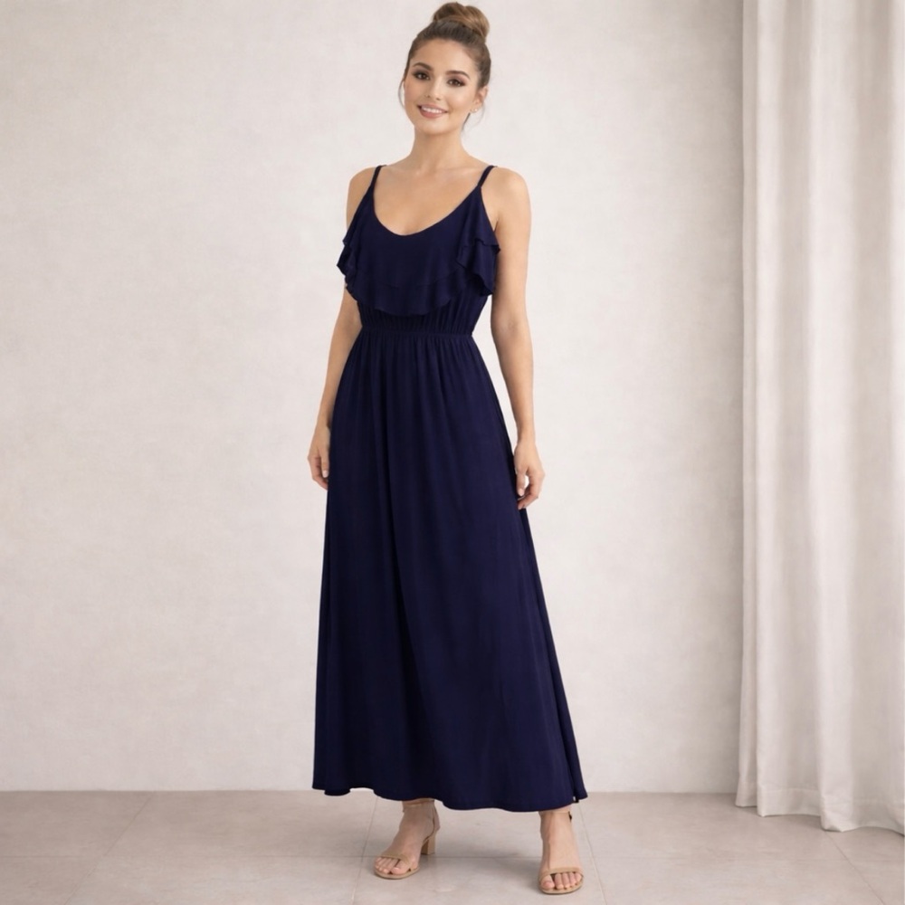 Boho Ruffle Navy Blue Sz 1X Ankle Length Sleeveless Stretch Dress Wedding Guest